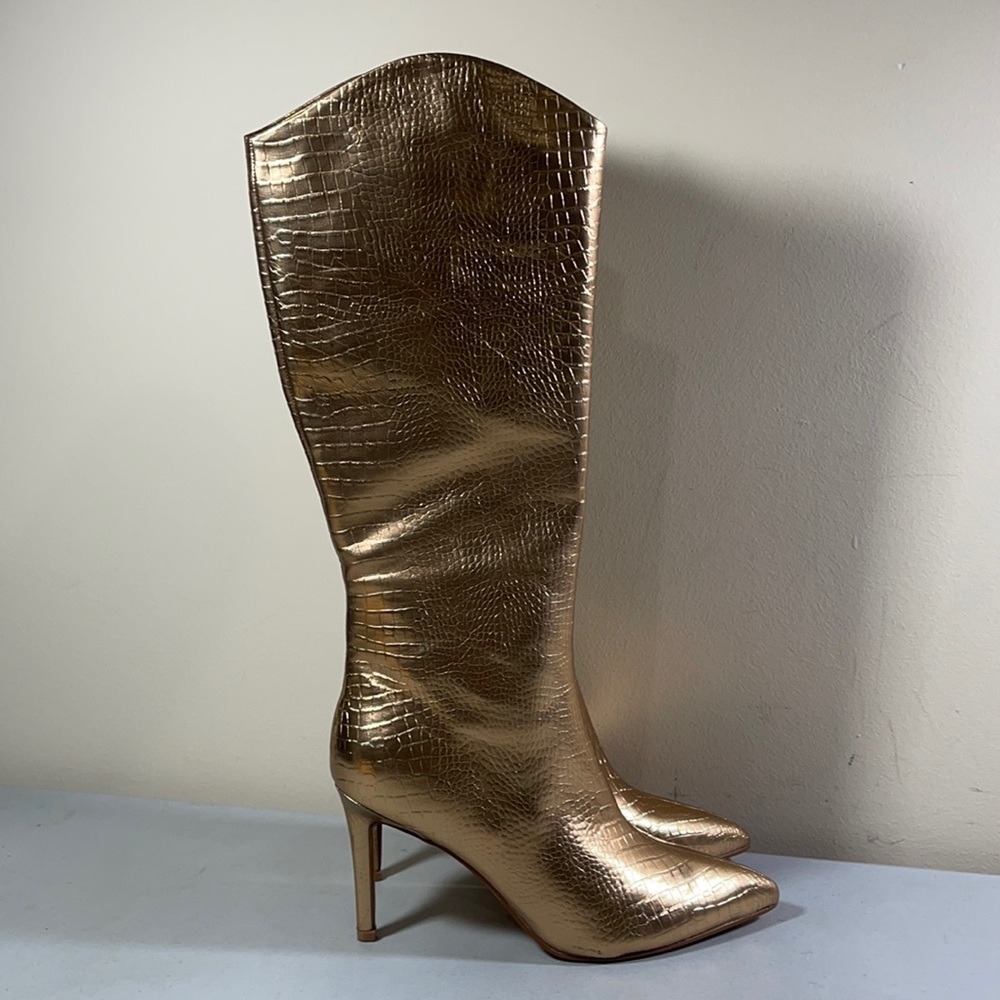 Nine West Gold Croc Print WNERLI3 Side Zip Knee High Boots 9M Worn Once
